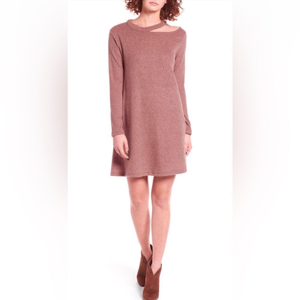 Cotton Emporium Ripped Neck Sweater Dress Cutout Swing Knit Mocha Pink M